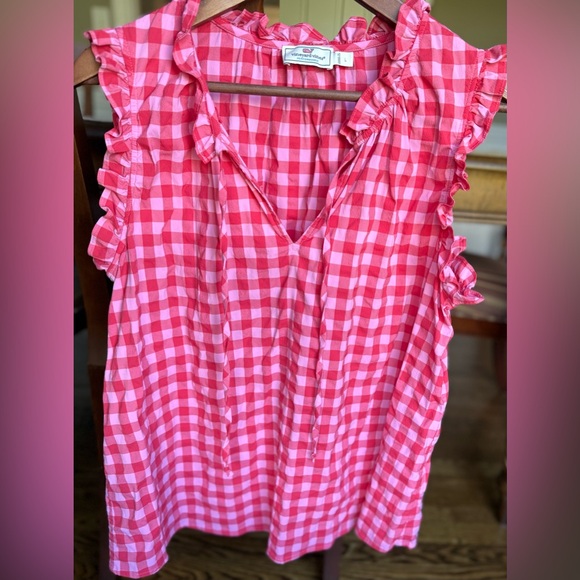 Vineyard Vines Tops - Vineyard Vines Harbor Gingham Ruffle Popover Top Sz L